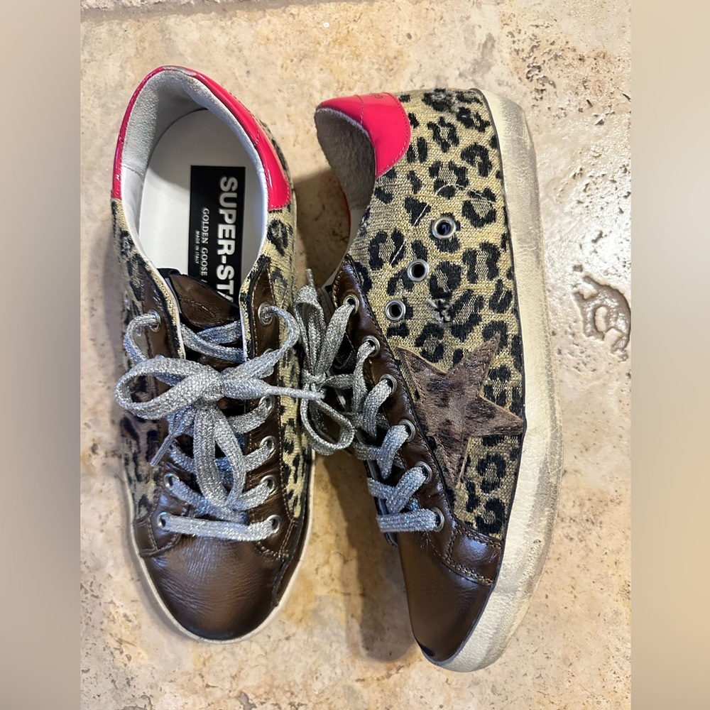 Golden Goose Leopard and Brown Sneakers with Pink Heel